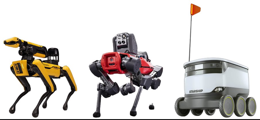 Los droides: tres robots uno al lado del otro, dibujados a escala