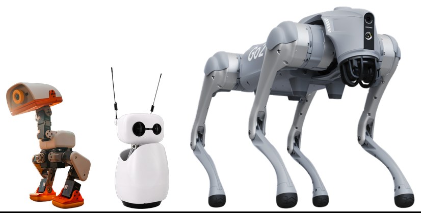 Los robots divertidos: tres robots uno al lado del otro, dibujados a escala