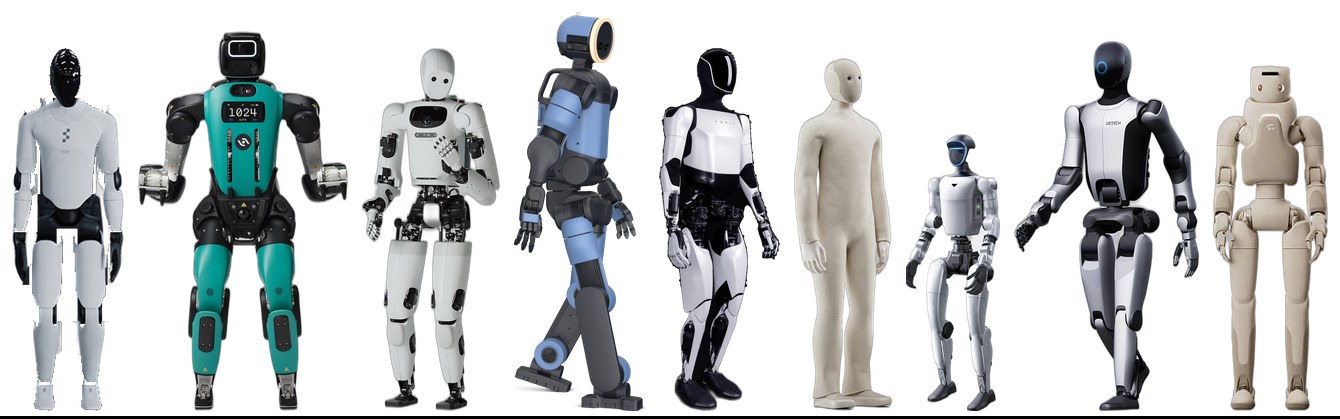 Nine humanoid robots side by side, drawn to scale